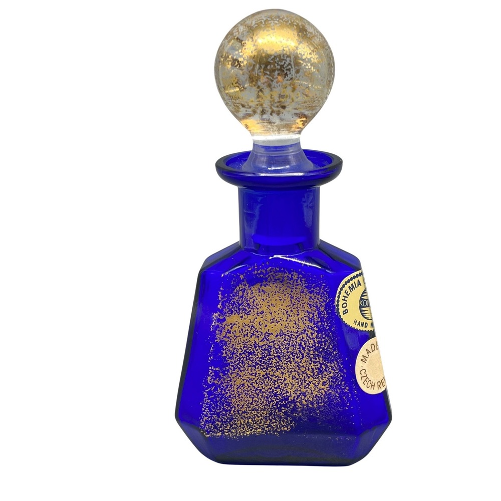 Bohemia Crystal Glass Cobalt Perfume Bottle Gold Speckled Stopper Czech Republic
